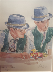 Zeichnung zwei Personen in Tracht mit Traktormodell